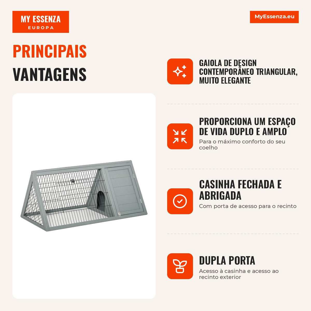 Gaiola Triangular para Coelhos Casinha Recinto Pinho 116x62,2x52,5 cm Cinza — infografia 1