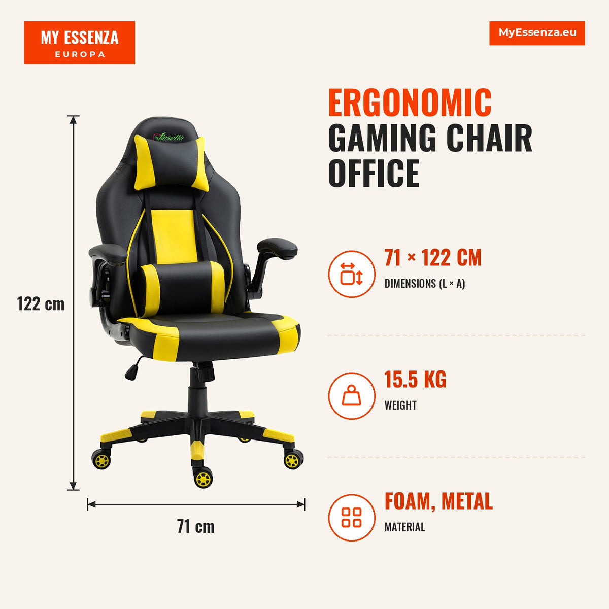 Cadeira de Gaming Ergonômica Cadeira de Escritório Giratória com Altura Ajustável Apoio para o Braço Ajustável Apoio para a Cabeça e Almofada Lombar C — Infografia | Infographic — dimensions