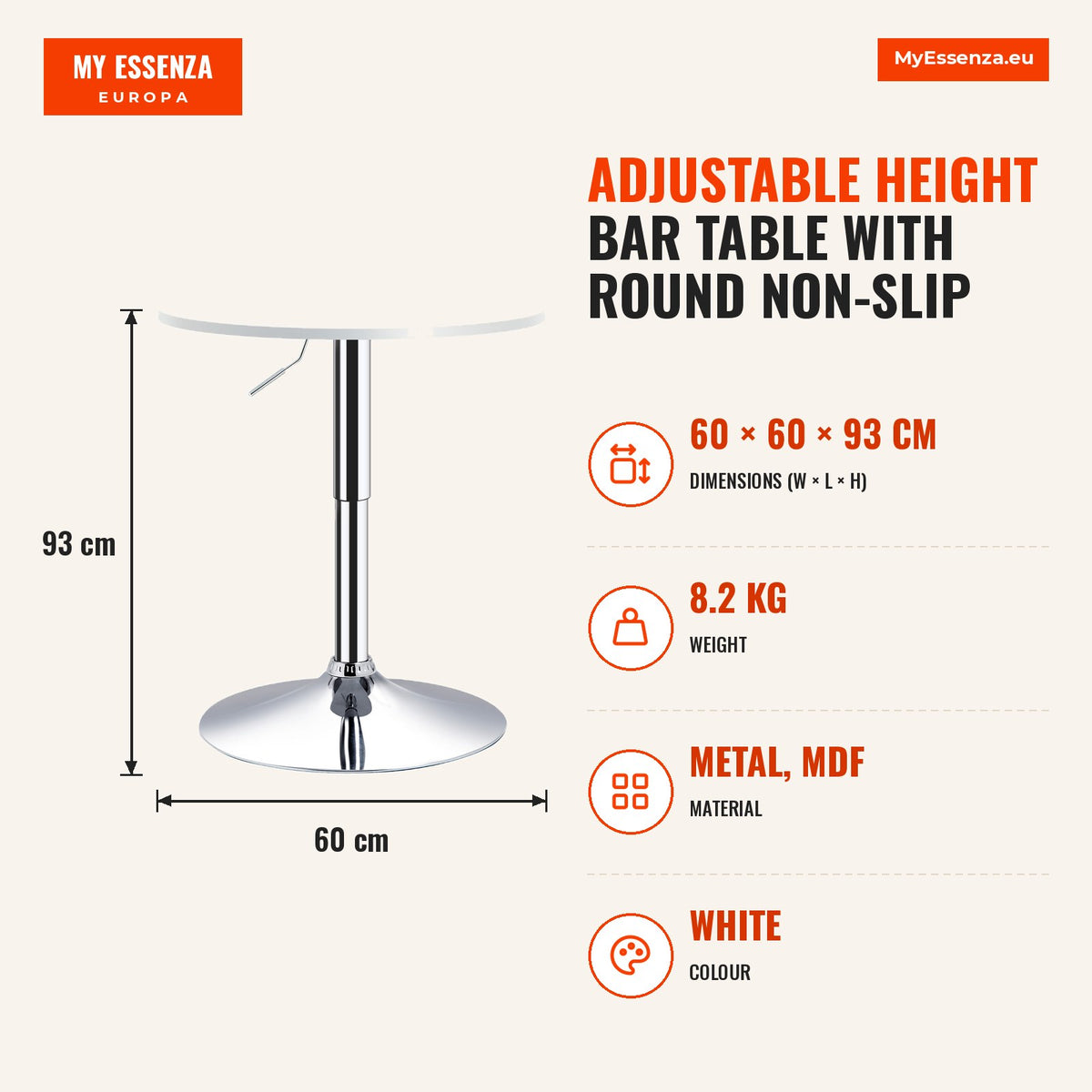 Mesa de bar ajustável em altura com base redonda e antideslizante para cozinha sala de jantar Ø60x69-93 cm Branco — Infografia | Infographic — dimensions