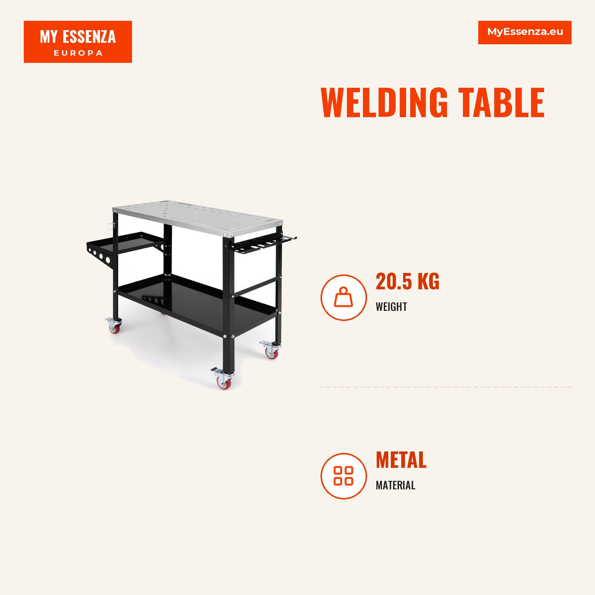 Mesa Soldadura 92x46cm Bancada Trabalho 540kg com Rodas Estante Ferramentas 8 Ranhuras — Infografia | Infographic — dimensions