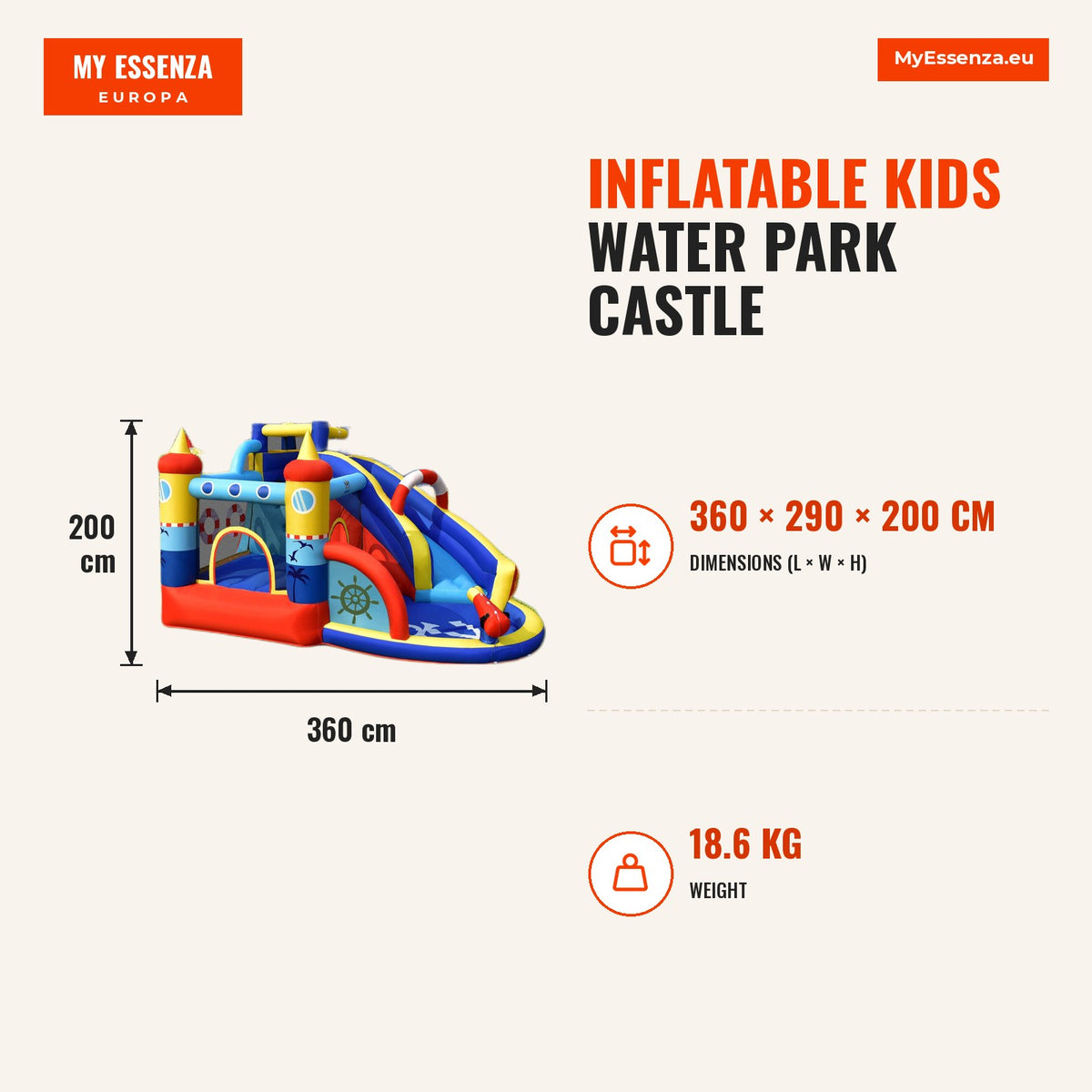 Castelo Insuflável Parque Aquático Infantil 6 em 1 com Tobogã Piscina 360x290x200cm — Infografia | Infographic — dimensions