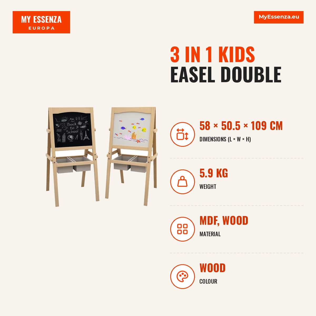 Cavalete para Crianças 3 em 1 Cavalete Duplo com Quadro preto e Quadro Branco Cavalete de Madeira para Desenhos com Rolo de Papel e 2 Cestas 58x50,5x1 — Infografia | Infographic — dimensions