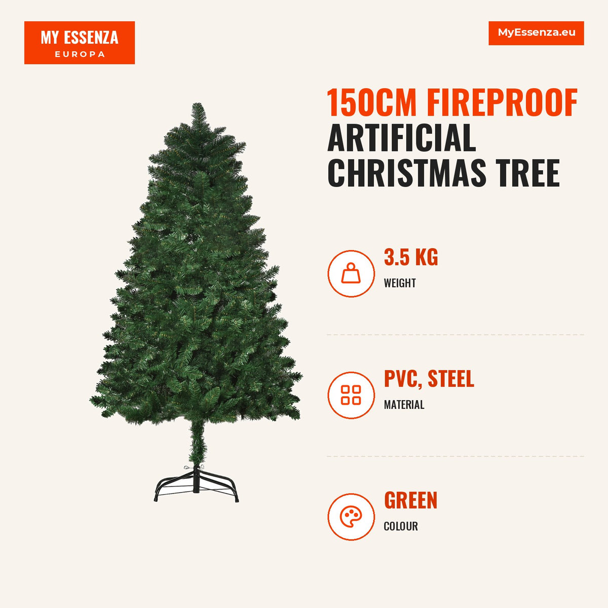 Árvore de Natal Artificial 150cm Ignífuga com 454 Ramas com 2 Tipos de Pontas de PVC e Base de Aço Decoração de Natal para Interiores Verde — Infografia | Infographic — dimensions