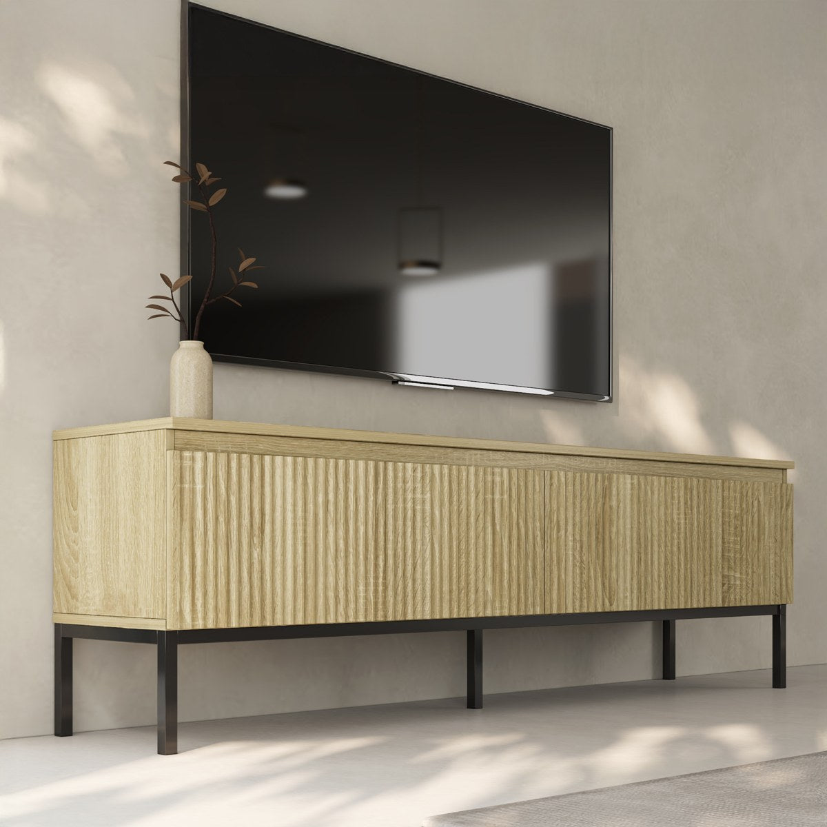 Móvel de TV canelado com 2 portas e pés metálicos, cor carvalho sonoma 150x32x46 cm — foto 2