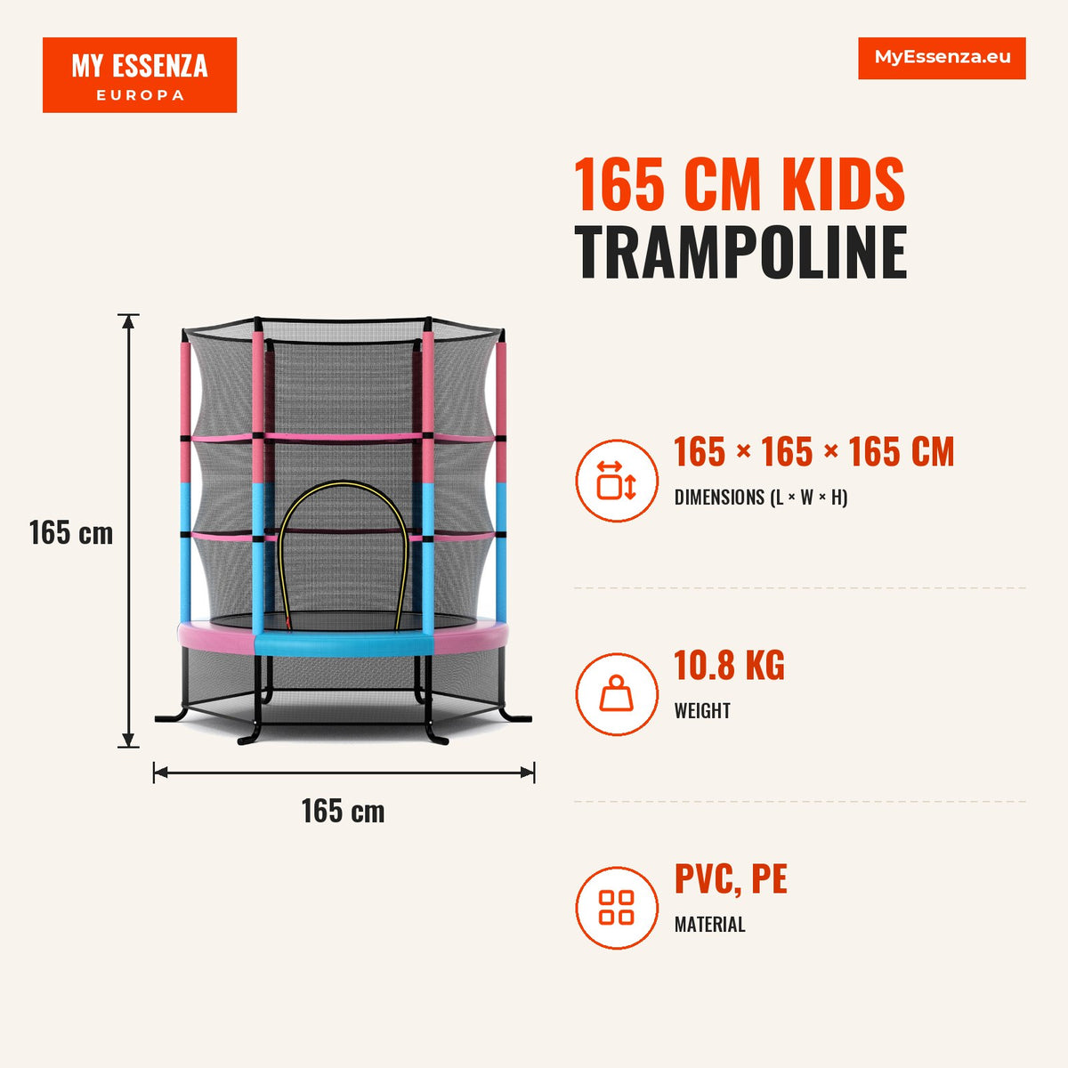 Cama Elástica Infantil 165 cm com Rede de Segurança 360° e Proteção — Infografia | Infographic — dimensions