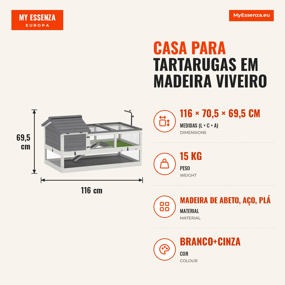 Casa para Tartarugas em Madeira Viveiro com Duas Casas Principais Topo Articulado Suporte de Lâmpada Cinza — infografia 1