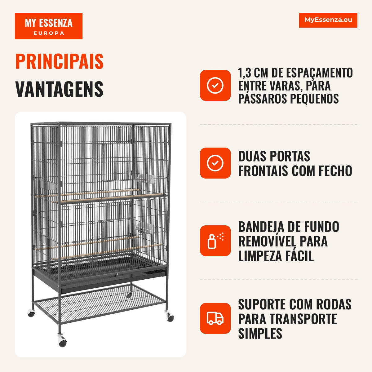 Gaiola para pássaros com poleiros, brinquedo para pássaros, bandeja de fundo removível, 1 prateleira, Cinza — infografia 1