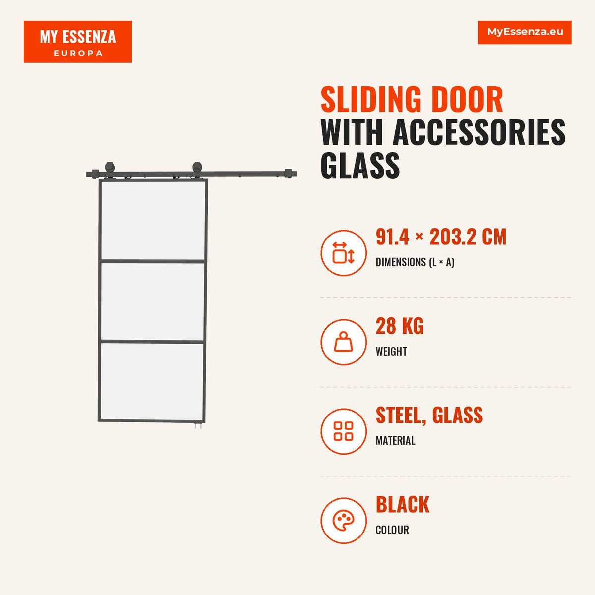Porta de Correr com Acessórios Porta de Correr de Vidro com Mecanismo de Fecho Suave para Casa de Banho Sala de Estar Cozinha 91,4x203,2 cm Preto — Infografia | Infographic — dimensions