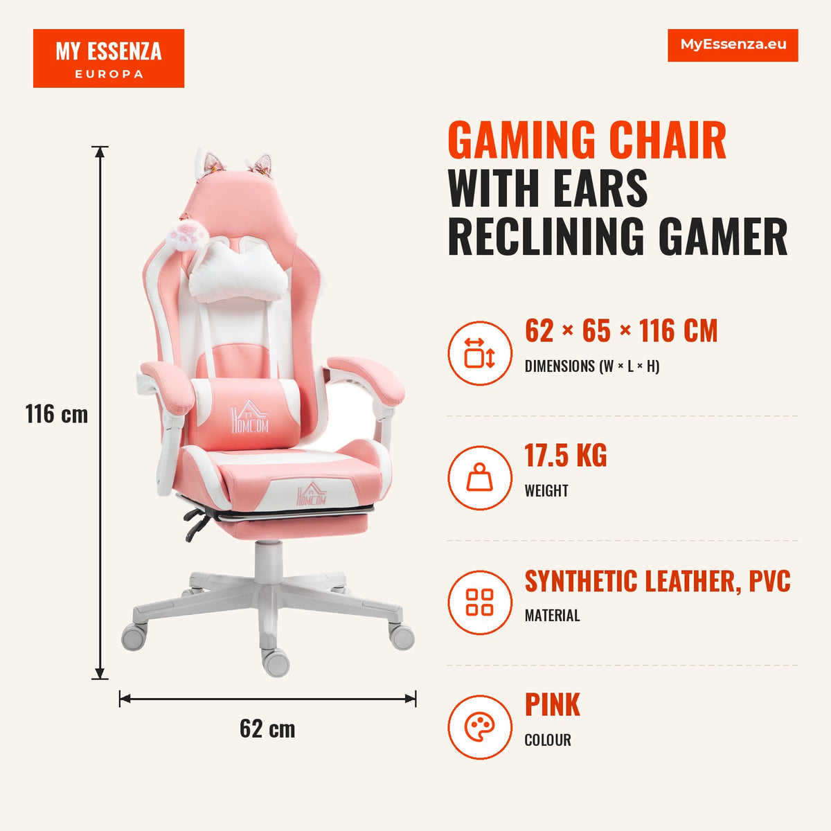 Cadeira Gaming com Orelhas Cadeira Gamer Reclinável com Altura Ajustável Apoio para os Pés Retrátil Suporte Lombar e Apoio para a Cabeça Desmontável C — Infografia | Infographic — dimensions