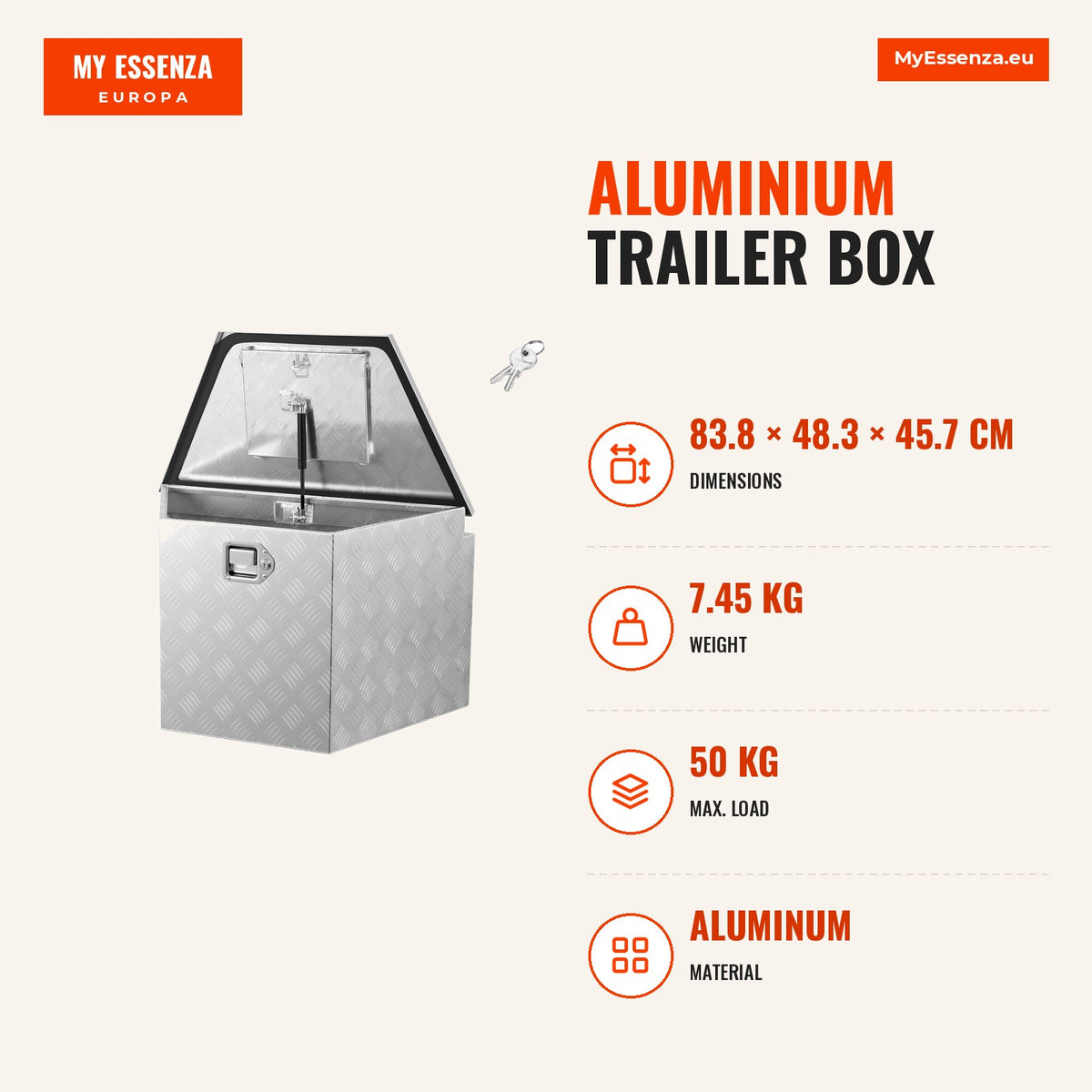 Caixa para Reboque em Alumínio, 83,8x48,3x45,7 cm, Leve e Resistente — Infografia | Infographic — dimensions