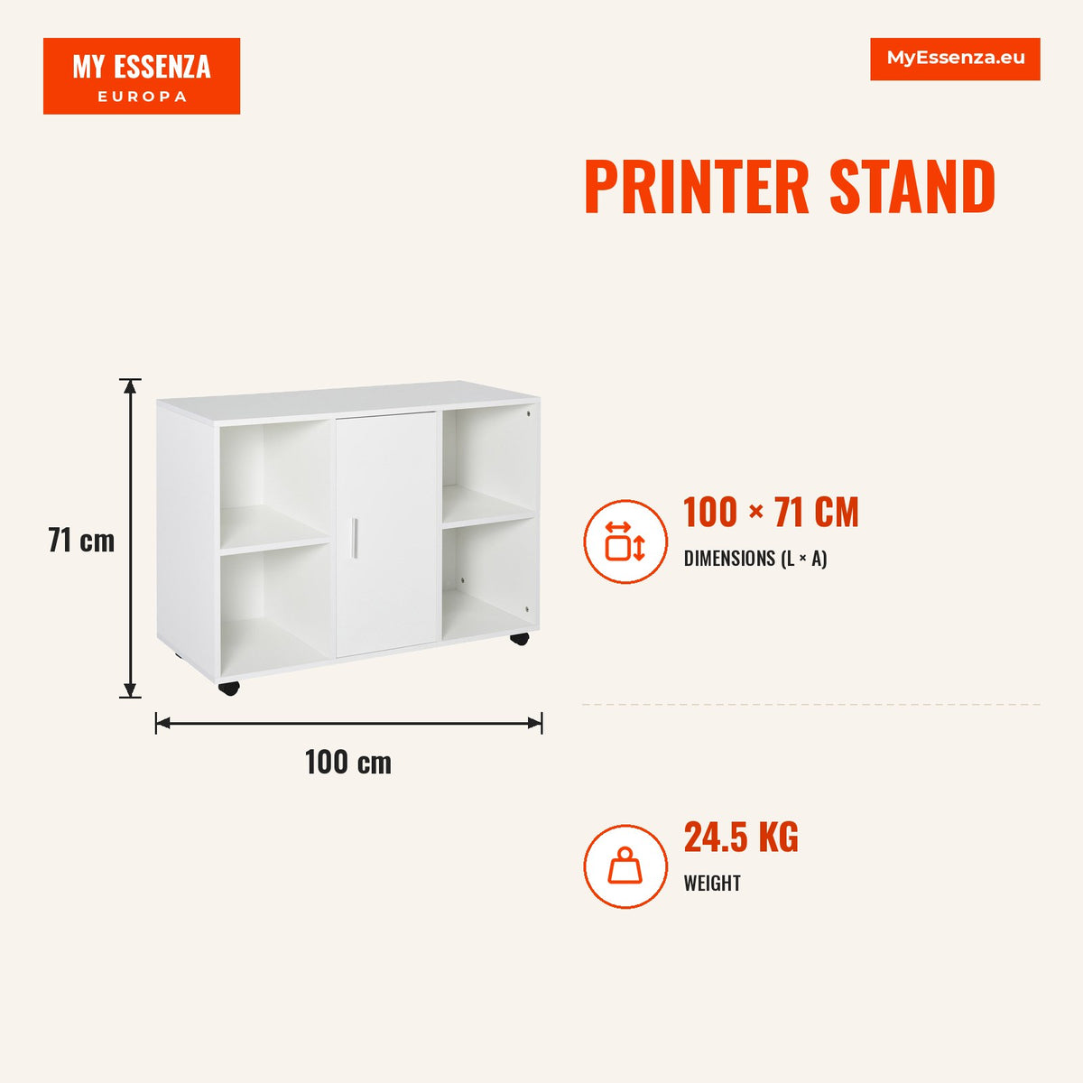 Suporte para impressora com rodízios de 360º Gabinete de escritório multifuncional Gabinete de arquivo móvel E1 Placa de partícula 100x 40 x 71 cm bra — Infografia | Infographic — dimensions