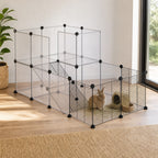 Recinto para Animais Pequenos Parque para Animais de Estimação com 27 Painéis e Forma Personalizável para Coelhos Chinchilas 140x70x70 cm Transparente e Preto — Ambiente | Lifestyle