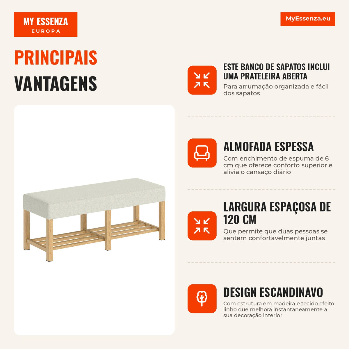 Banco para Sapatos Banco de Arrumação com Assento Acolchoado Prateleira Aberta Madeira de Hévéa 120x44x48 cm Madeira Natural — infografia 1
