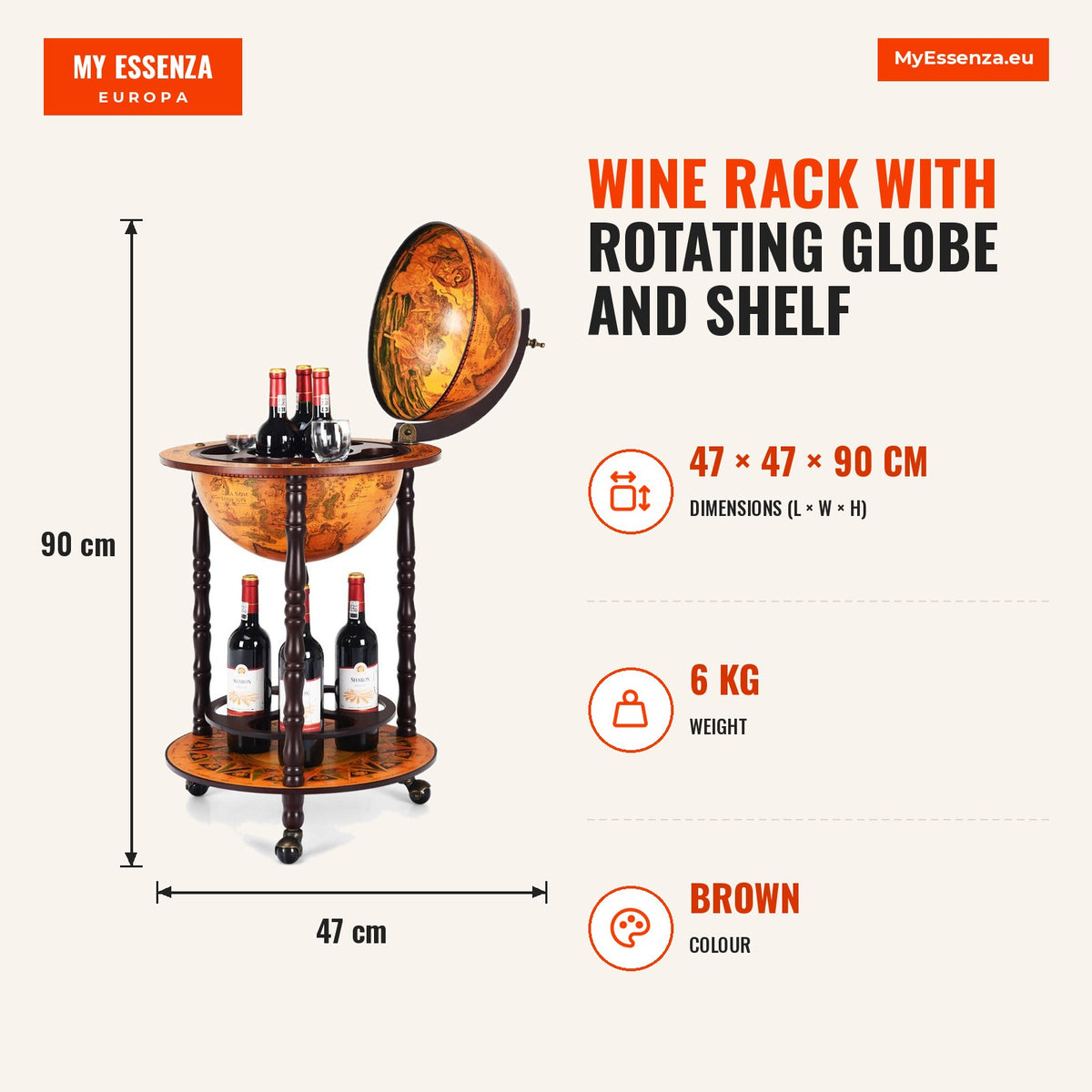 Suporte para Vinhos com Globo Giratório e Estante 47 x 47 x 90 cm — Infografia | Infographic — dimensions