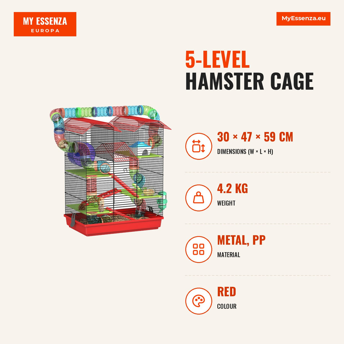 Gaiola para Hamster de 5 Níveis 47x30x59 cm Casa para Animais Pequenos com Túneis Tigela Bebedouro Casinha Roda de Exercício Rampas para Hamsters e Ge — Infografia | Infographic — dimensions