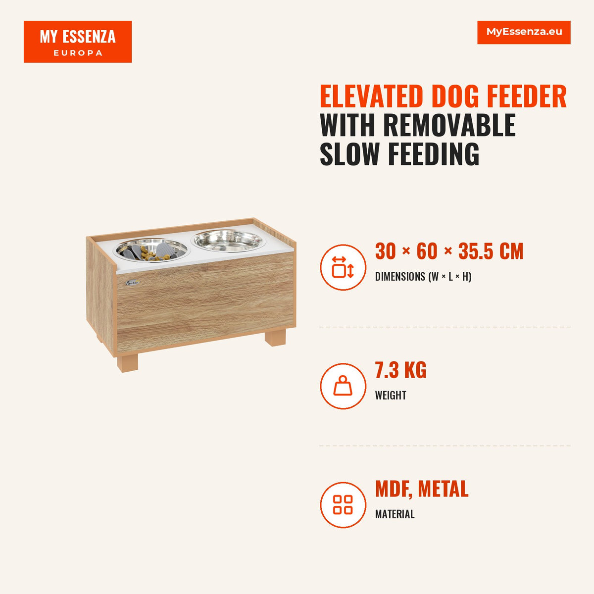 Comedouro para Cães Elevado com Sistema de Alimentação Lento Amovível e Espaço de Arrumação Comedouro com 2 Tigelas de 2L de Aço Inoxidável para Cães  — Infografia | Infographic — dimensions