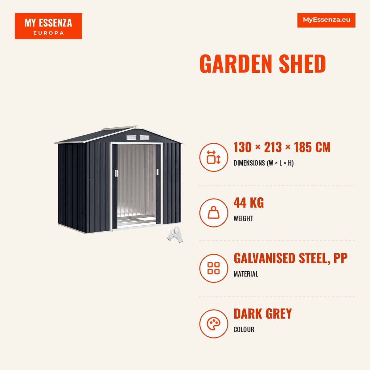 Abrigo de Jardim 213x130x185cm Abrigo de Jardim Metálico de Exterior para Armazenamento de Ferramentas com 2 Portas Deslizantes e 4 Janelas para Terra — Infografia | Infographic — dimensions