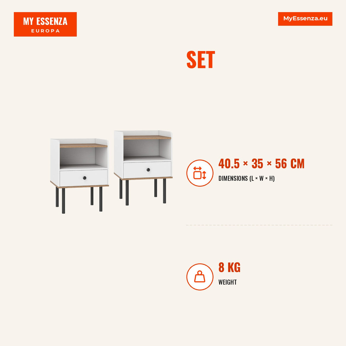 Conjunto de 2 Mesitas de Cabeceira com Gaveta e Prateleira Aberta Patas Metal Branco — Infografia | Infographic — dimensions