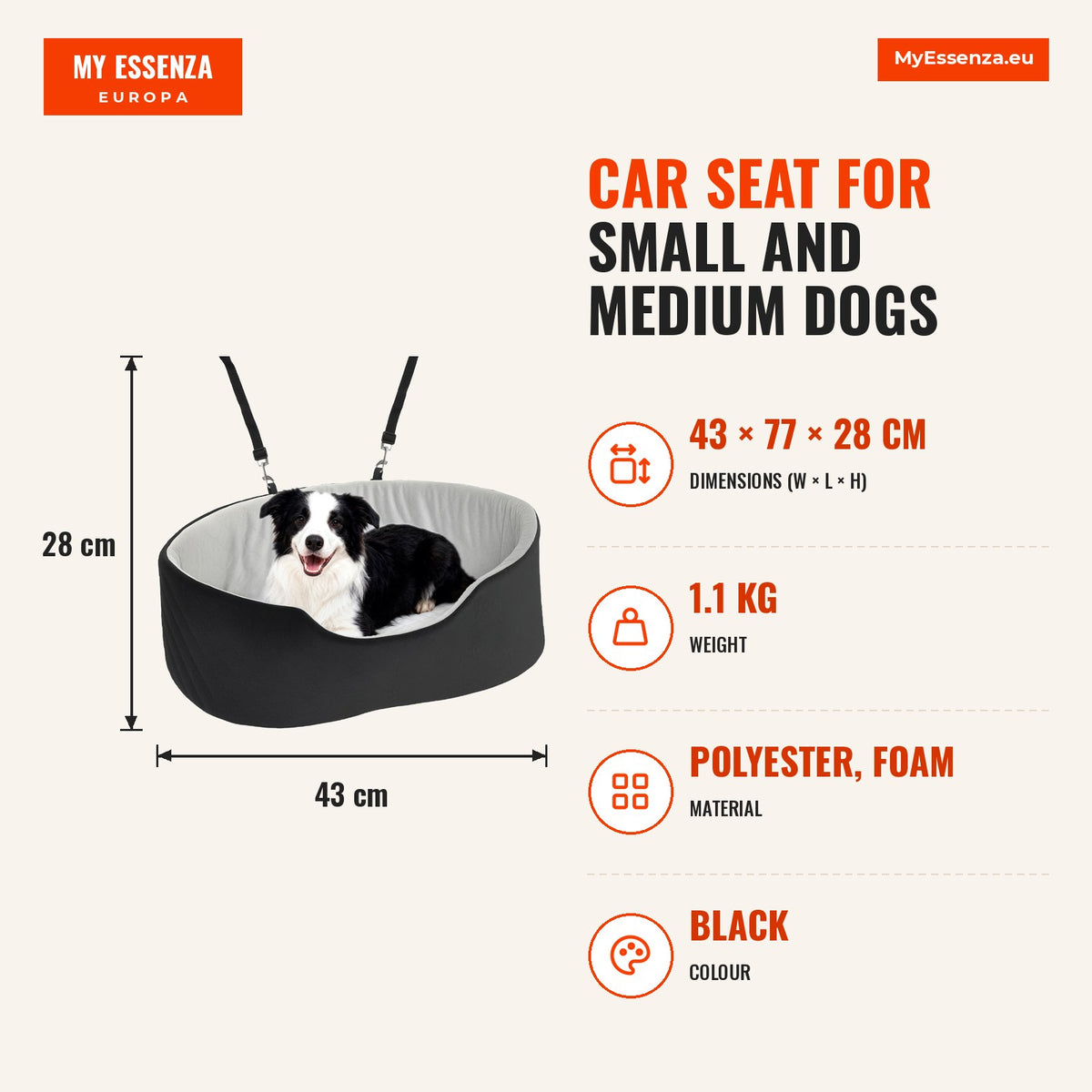 Assento de Carro para Cães Pequenos e Médios Assento para Animais de Estimação de até 15 kg com Capa Removível e Lavável Cama de Viagem com Cinto de S — Infografia | Infographic — dimensions
