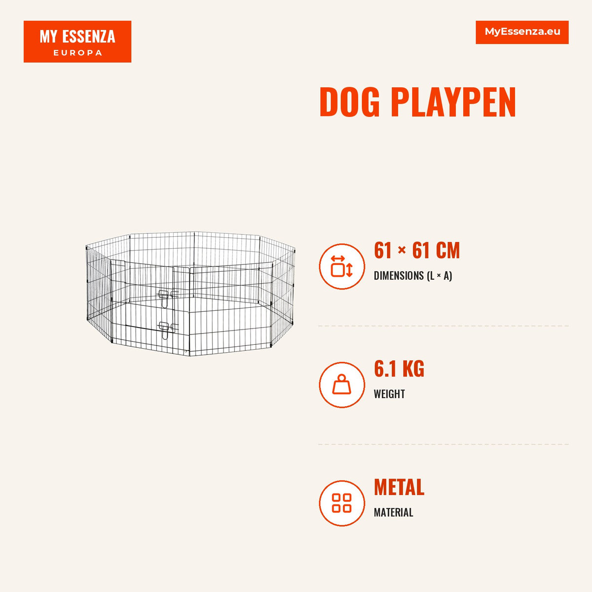 Parque para Cães 8 Painéis 61x61cm Dobráveis Gaiola Metálica para Animais de Estimação com Porta e Dupla Fechadura para Jardim Pátio Exterior Preto — Infografia | Infographic — dimensions