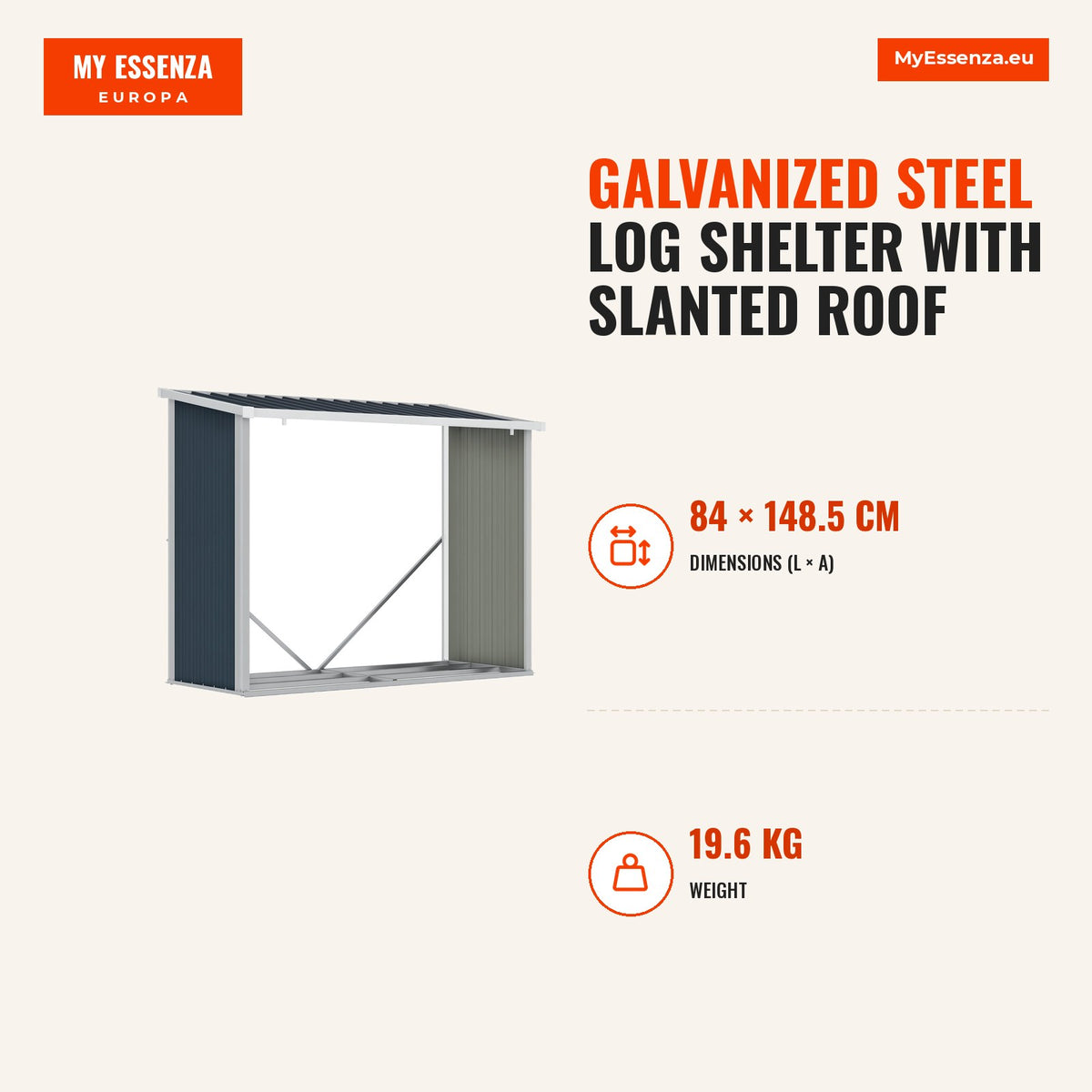 Abrigo para Lenha de Aço Galvanizado Abrigo de Armazenamento de Lenhas com Teto Inclinado para Jardim Terraço Exterior 185x84x133,5/148,5 cm Cinza — Infografia | Infographic — dimensions