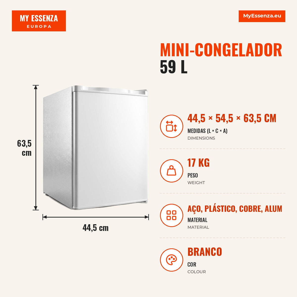 Mini-congelador 59 L, congelador de mesa, dobradiça da porta reversível, prateleiras removíveis, temp. ajustável, Branco — infografia 1