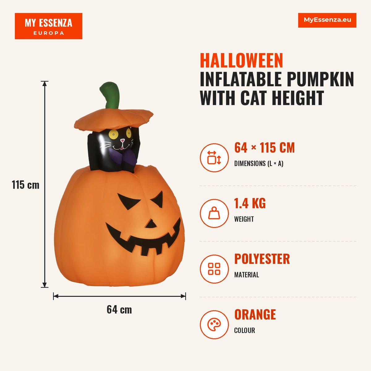 Abóbora Insuflável de Halloween com Gato Altura 91-115cm Decoração de Halloween com Luzes LED IP44 2 Infladores para Jardim Festas Exterior 76x64x91-1 — Infografia | Infographic — dimensions