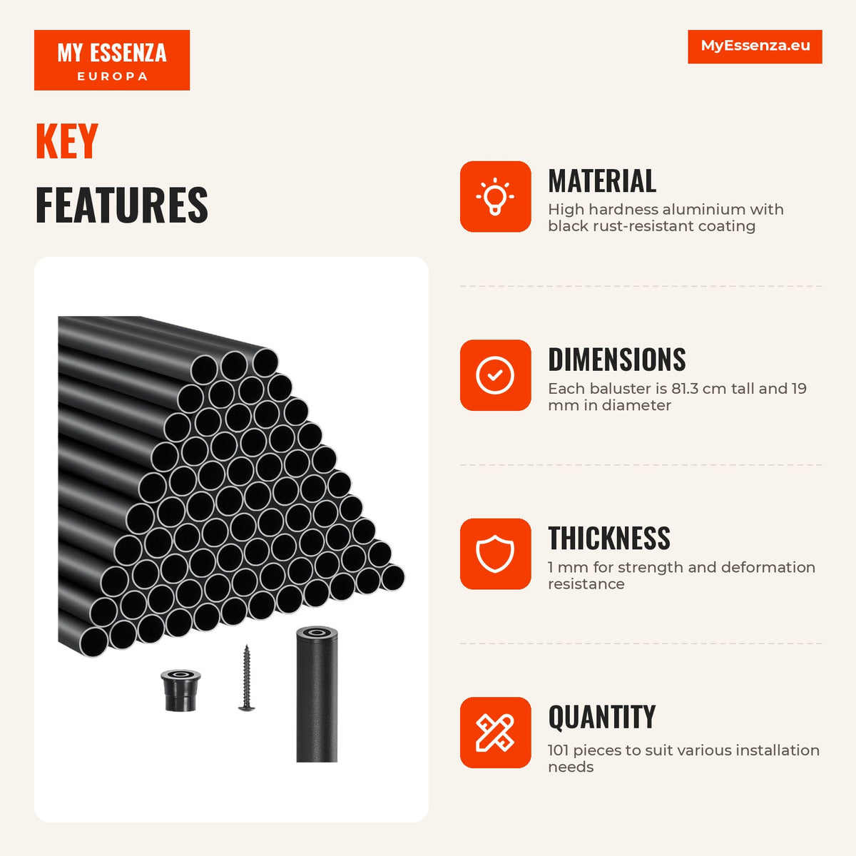 Balustres para escadas 101 peças, alumínio 81,3 cm, preto, resistentes à ferrugem — Infografia | Infographic — dimensions