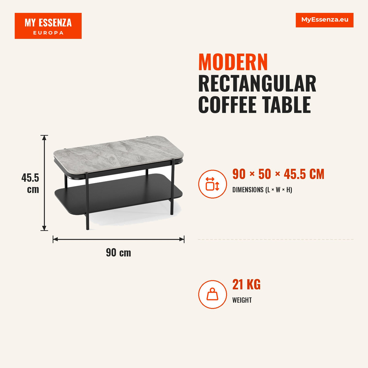 Mesa de Café Moderna Rectangular 2 Níveis Topo Sinterizado Estrutura Metálica Cinzenta — Infografia | Infographic — dimensions