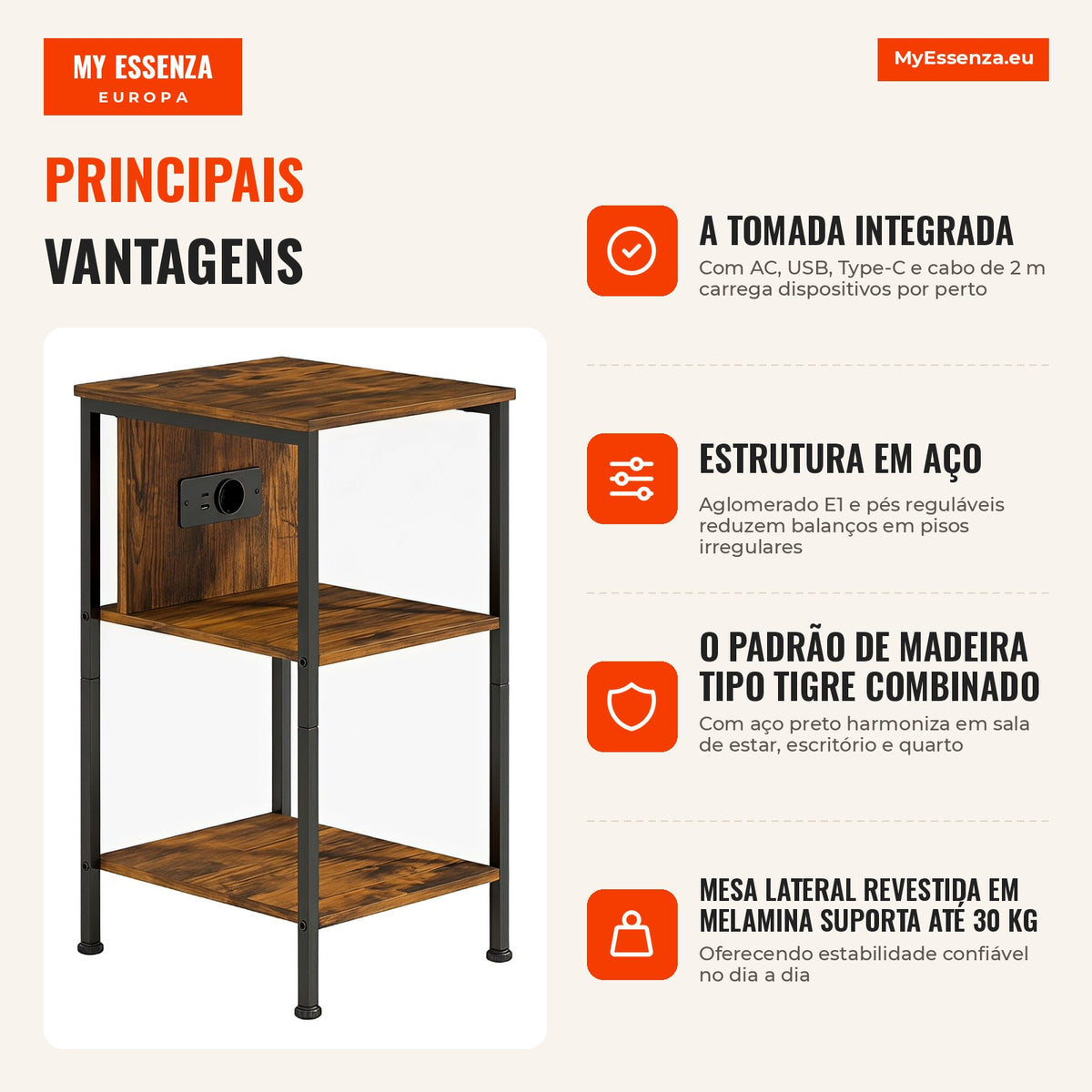 Mesa Lateral com Estação de Carregamento e 2 Prateleiras Abertas Aparência de Madeira Tipo Tigre — infografia 1