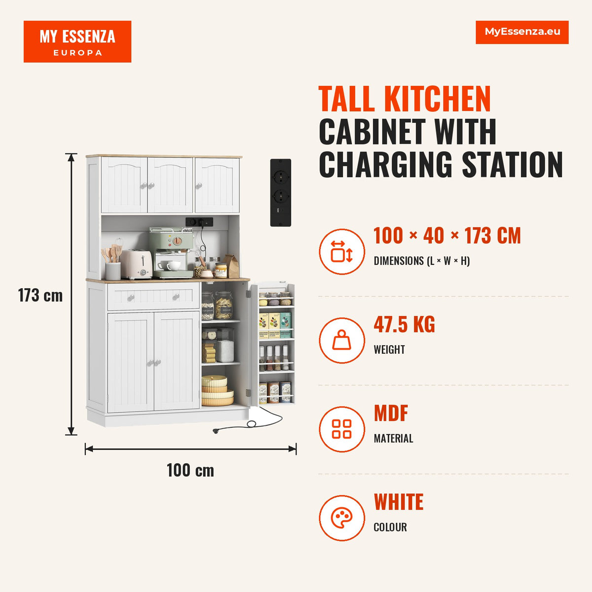 Armário de Cozinha Alto com Estação de Carregamento Móvel Auxiliar de Cozinha 6 Portas 1 Gaveta Prateleiras Ajustáveis 4 Prateleiras para Especiarias  — Infografia | Infographic — dimensions