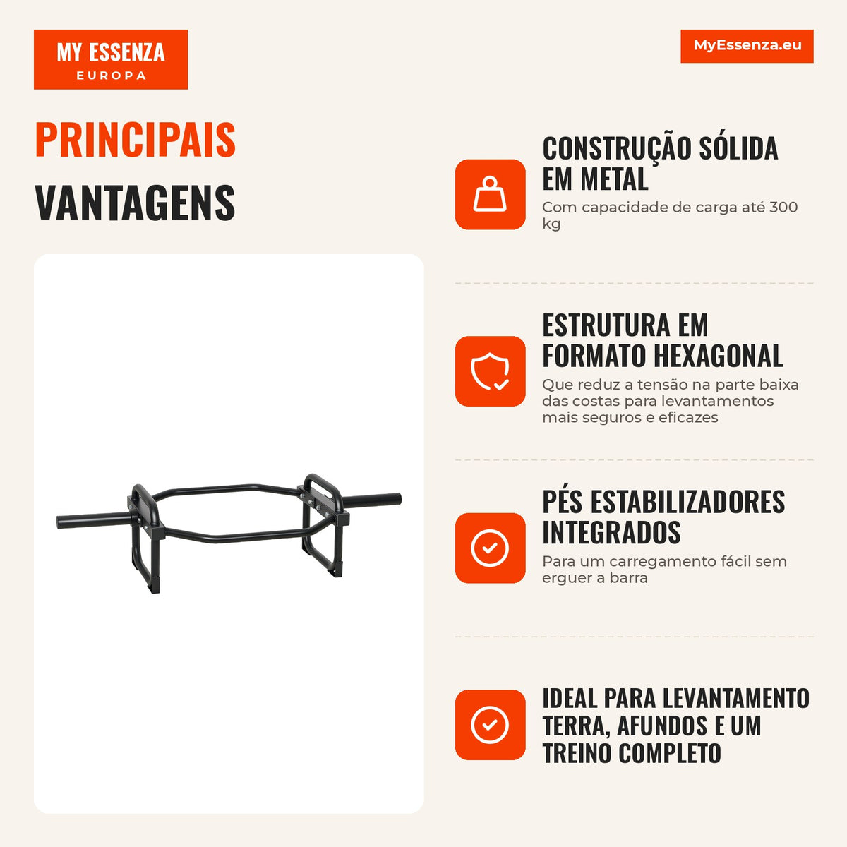 Barra Olímpica Hexagonal 5 cm com Capacidade 300 kg Design Fácil de Carregar para Supino Levantamento Terra Encolhimentos Agachamento e Transporte do Fazendeiro — infografia 1
