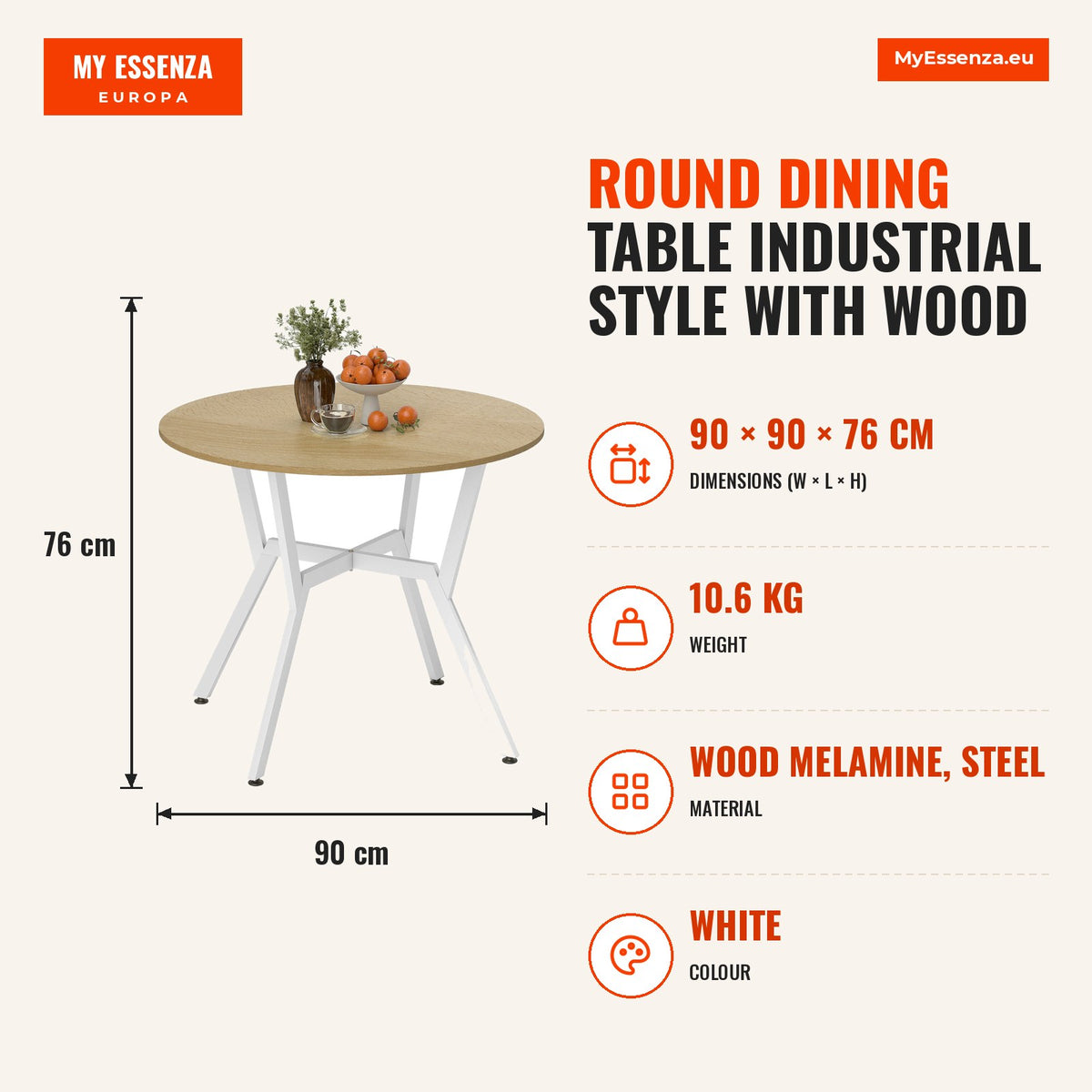 Mesa de Refeição Redonda Mesa de Jantar Estilo Industrial com Bancada de Madeira e Estrutura de Aço para Sala de Jantar Carga 60kg Ø90x76 cm Madeira e — Infografia | Infographic — dimensions