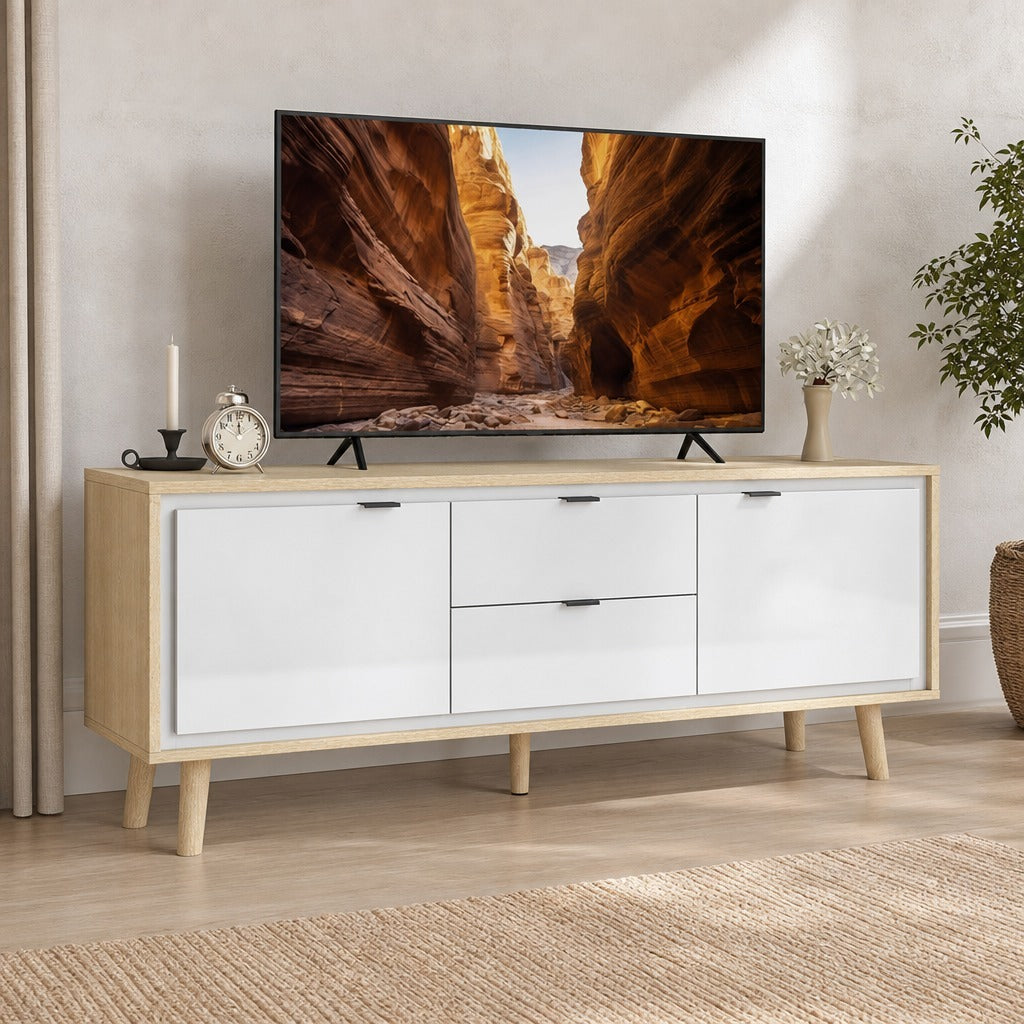 Móvel de TV Moderno de 2 Portas Móvel TV para Sala com 2 Gavetas Orifícios Passa-Cabos Prateleiras Removíveis e Ajustáveis para Televisão 55 Polegadas 120x35x50 cm Branco Brilho e — Ambiente | Lifestyle