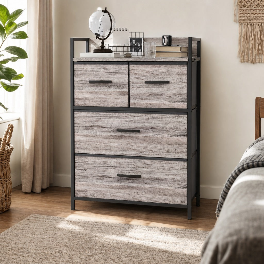 Cómoda de Quarto Armário de Armazenamento com 4 Gavetas Dobráveis Prateleira Aberta e Estrutura de Aço para Sala Entrada 60x29x85 cm Cinzento — Ambiente | Lifestyle