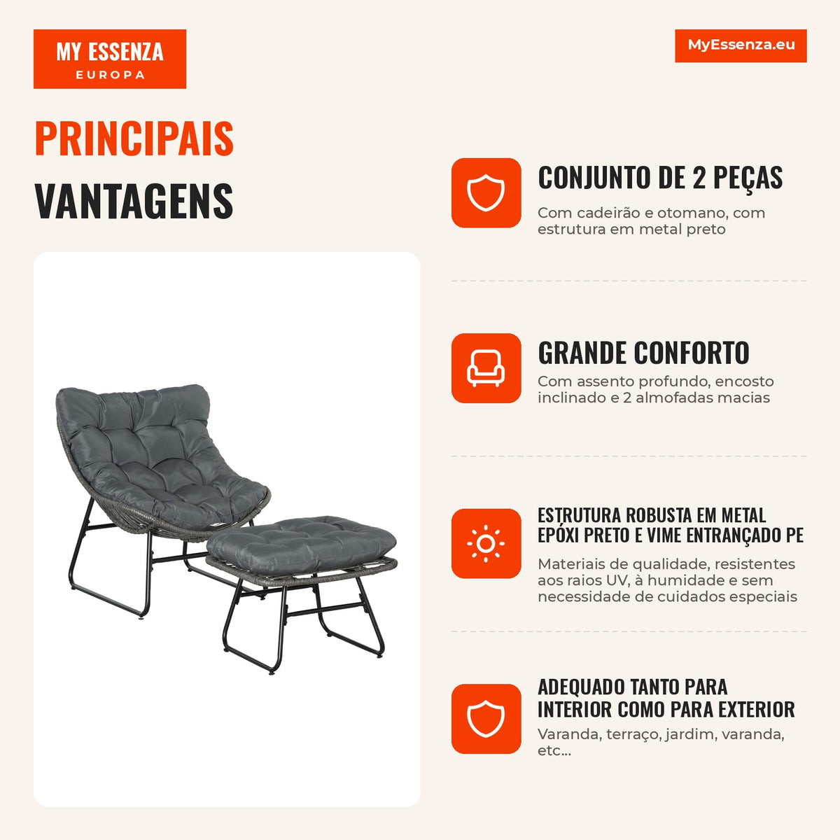 Cadeira de Jardim com Otomano em Metal Epóxi e Vime Entrançado com Aspeto de Vime com Almofadas Macias Cinza — infografia 1