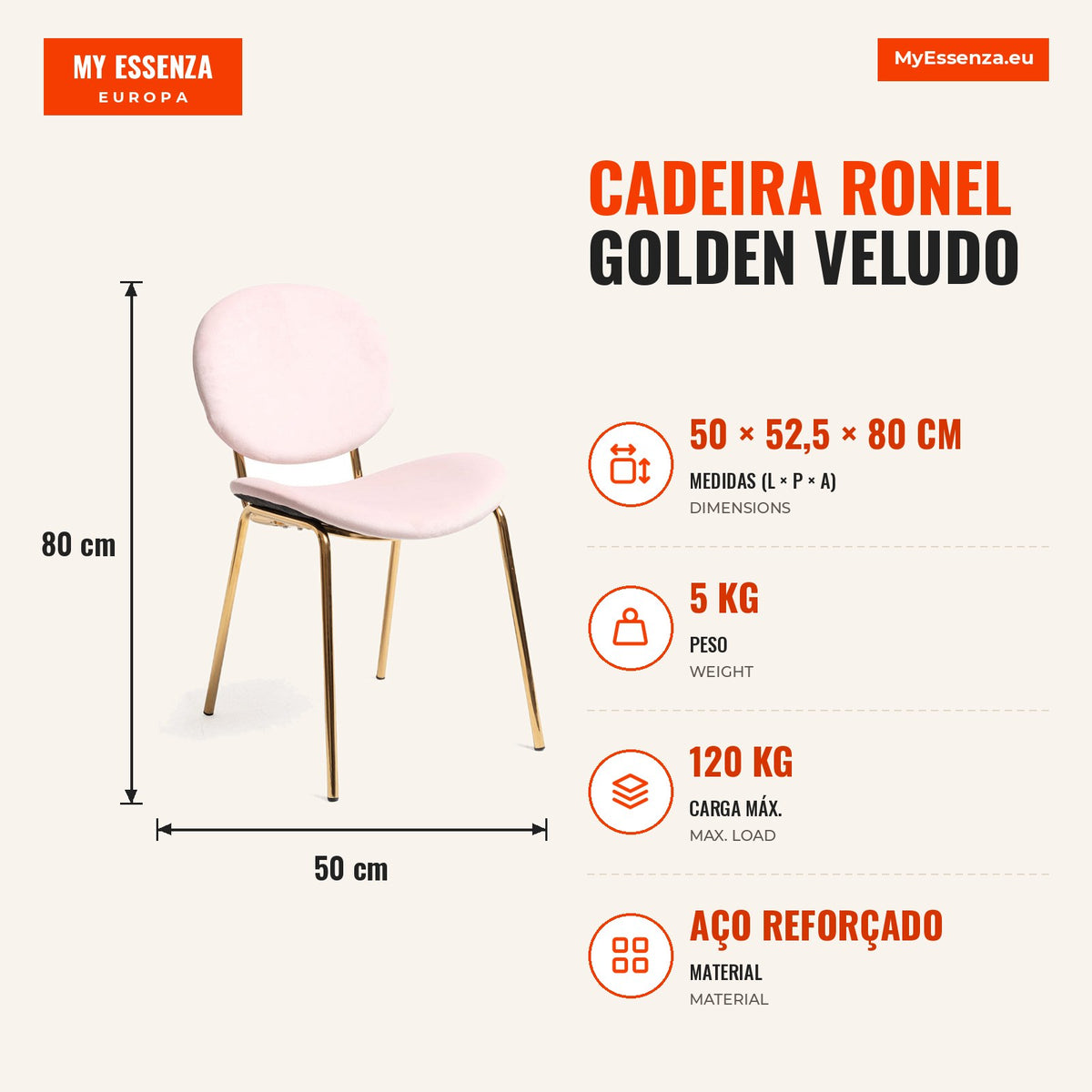 Cadeira Ronel Golden Veludo — Rosa — Infografia — medidas