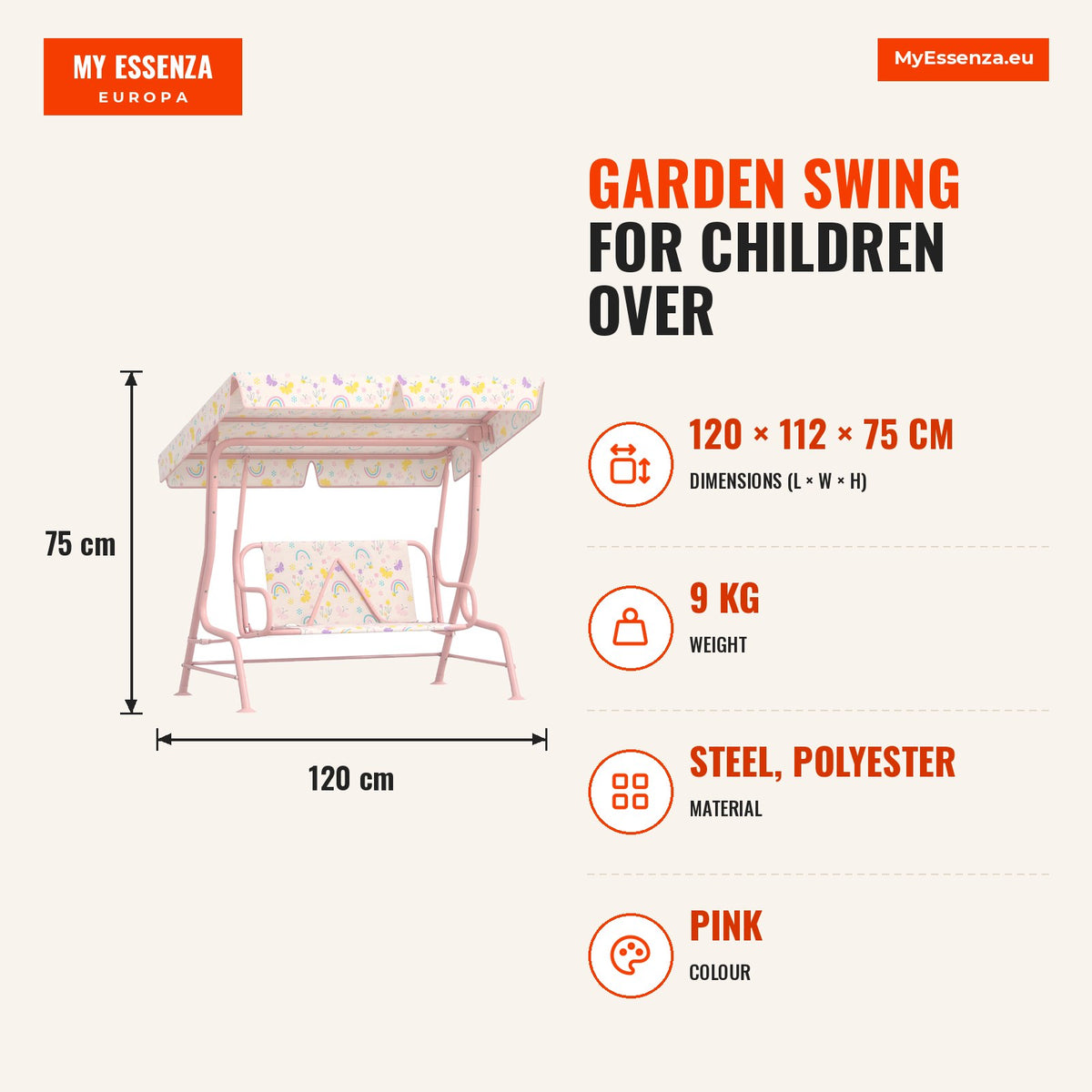 Baloiço de Jardim para Crianças acima de 3 Anos Baloiço Infantil de Exterior com 2 Lugares Toldo Ajustável Cinto de Segurança e Desenho de Borboletas  — Infografia | Infographic — dimensions