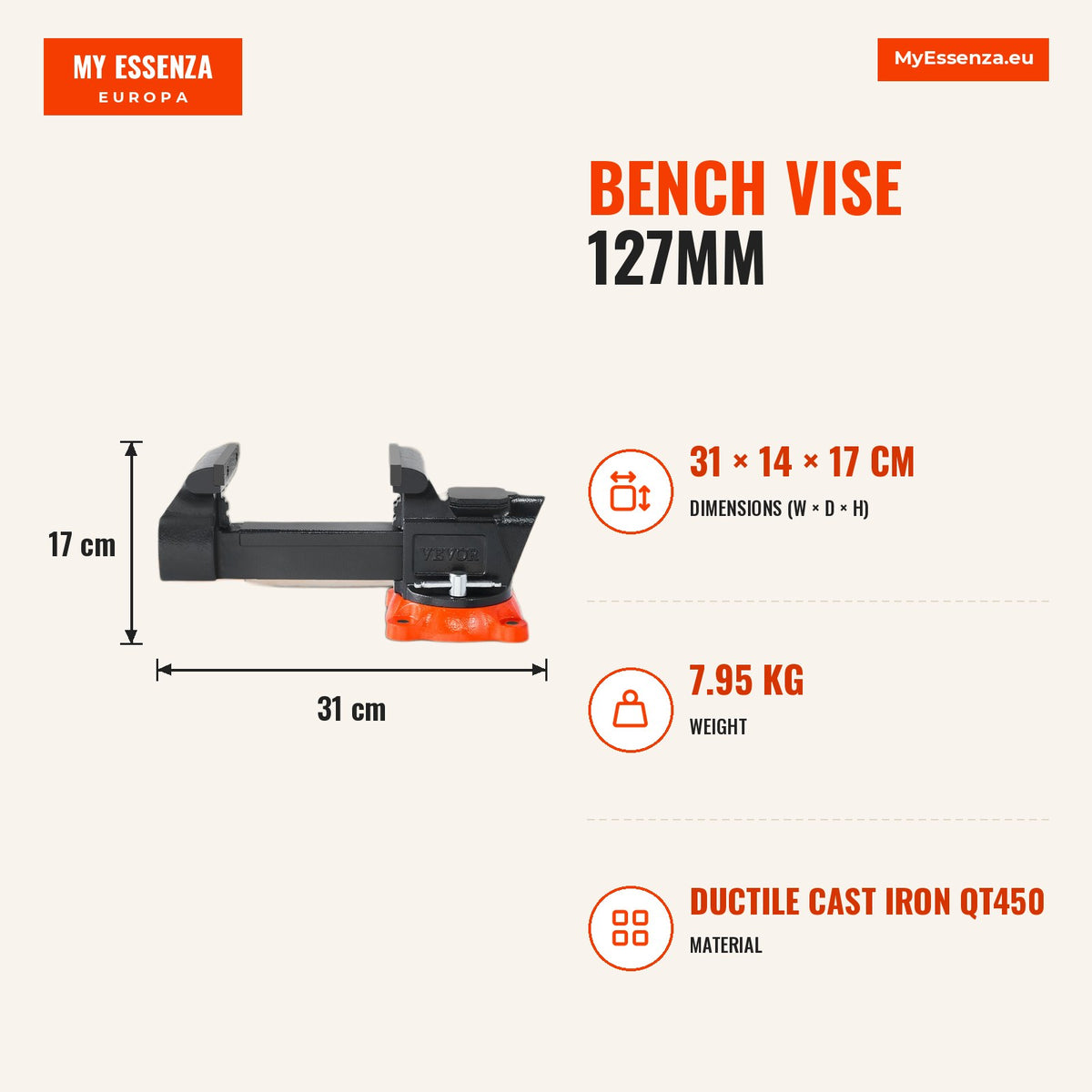 Torno de bancada 127mm, base giratória 360°, aço ferro nodoso — Infografia | Infographic — dimensions