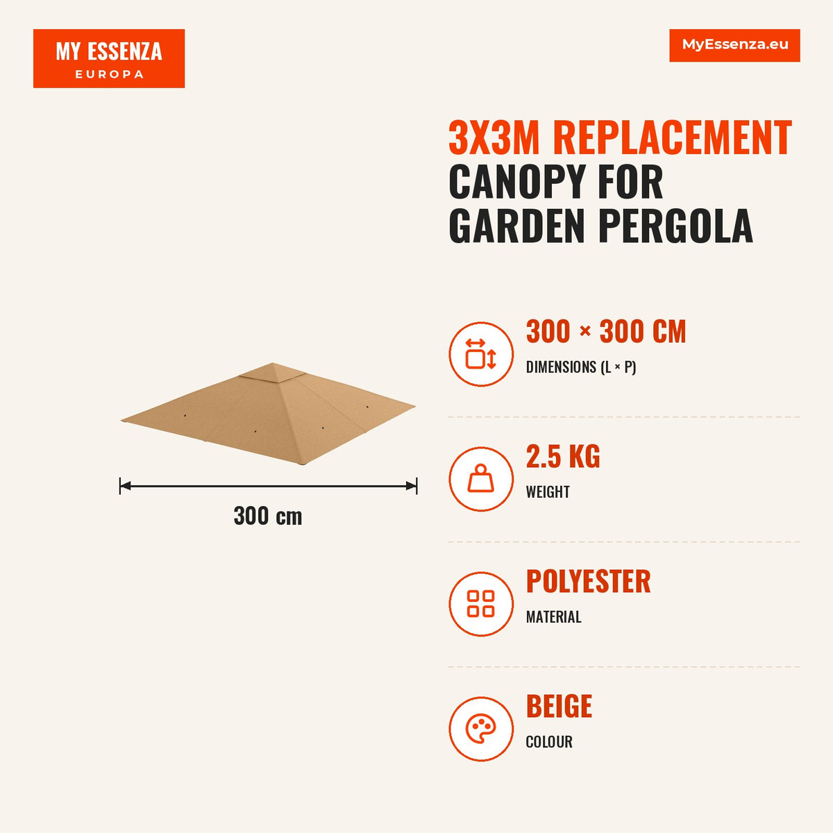 Toldo de Substituição de 3x3m para Pérgola de Jardim com 8 Orifícios de Drenagem e Ventilação Bege — Infografia | Infographic — dimensions