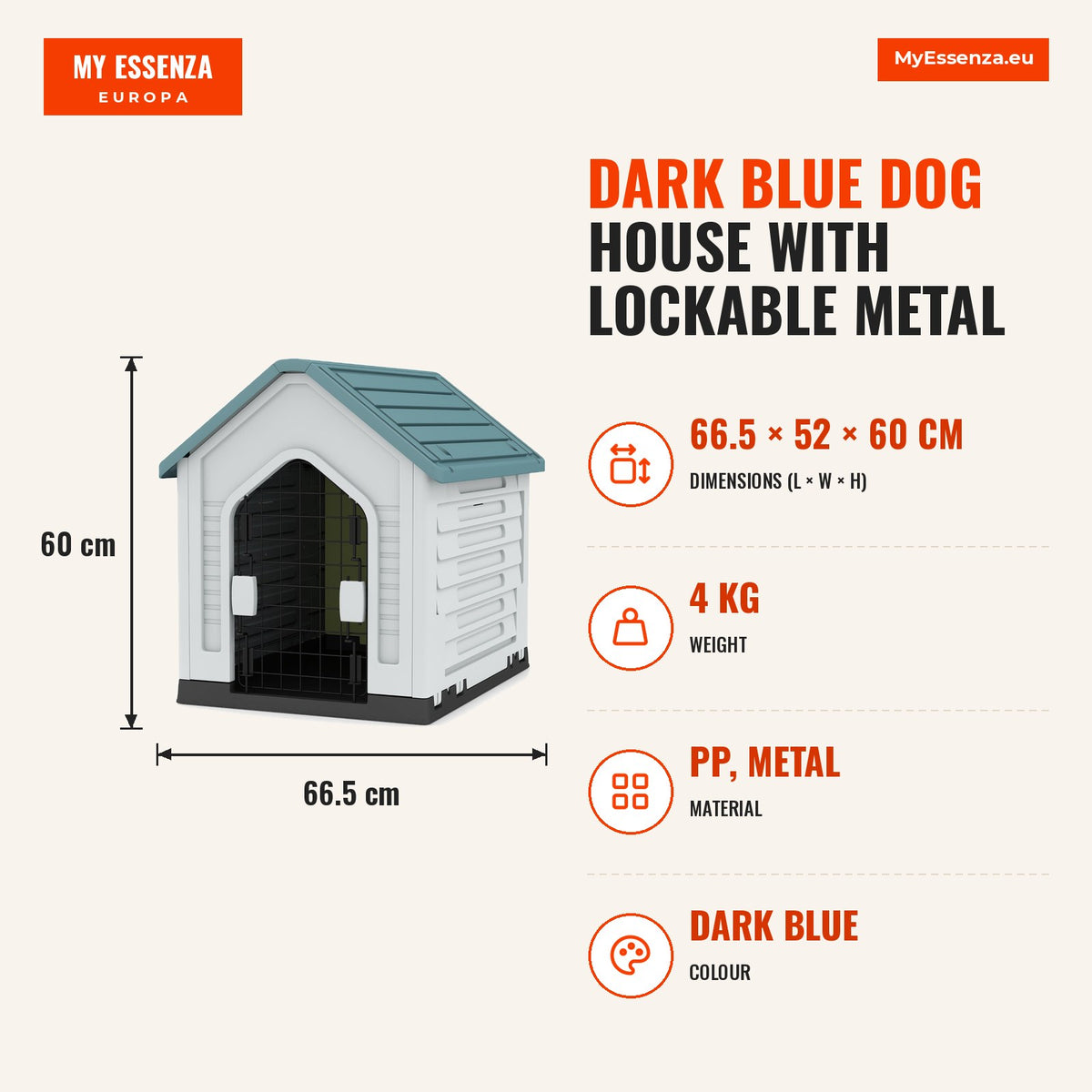 Casota para Cães Azul Escuro com Porta Metálica Fechável e Tecto Inclinado 66,5x52x60 cm — Infografia | Infographic — dimensions