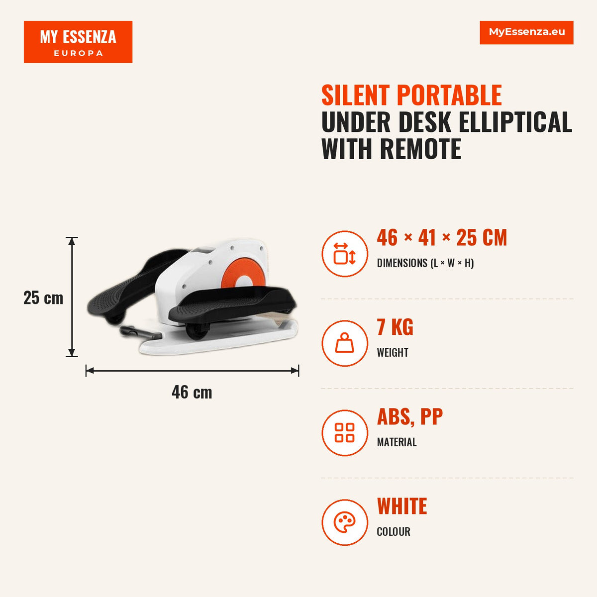 Elíptica Sob Escritório com Pedais Eléctricos Silenciosa Portátil Controlo Remoto Branca — Infografia | Infographic — dimensions
