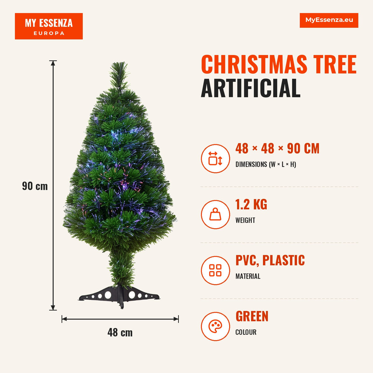 Árvore de Natal Artificial 90cm com 90 Ramos de PVC Fibra Óptica 4 Cores Suporte Decoração de Natal para Interiores Φ48x90cm Verde — Infografia | Infographic — dimensions