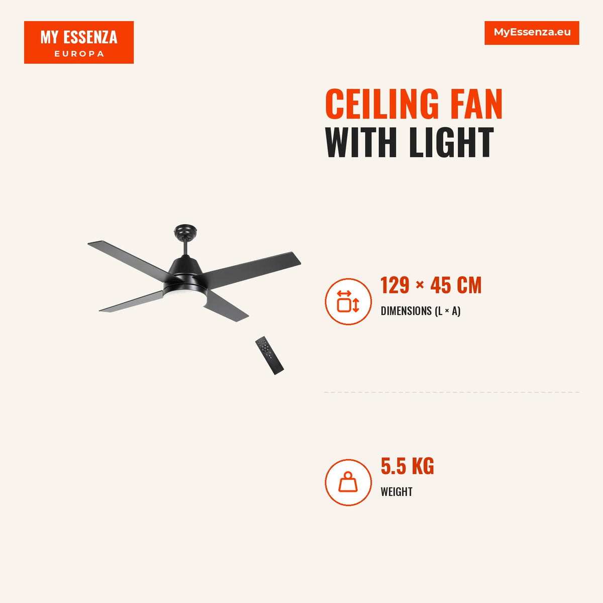 Ventoinha de Teto com Luz 46W Ø129 cm Motor DC Ventoinha de Teto Silencioso com 4 Lâminas Reversíveis Controlo Remoto 6 Velocidades e Temporizador par — Infografia | Infographic — dimensions