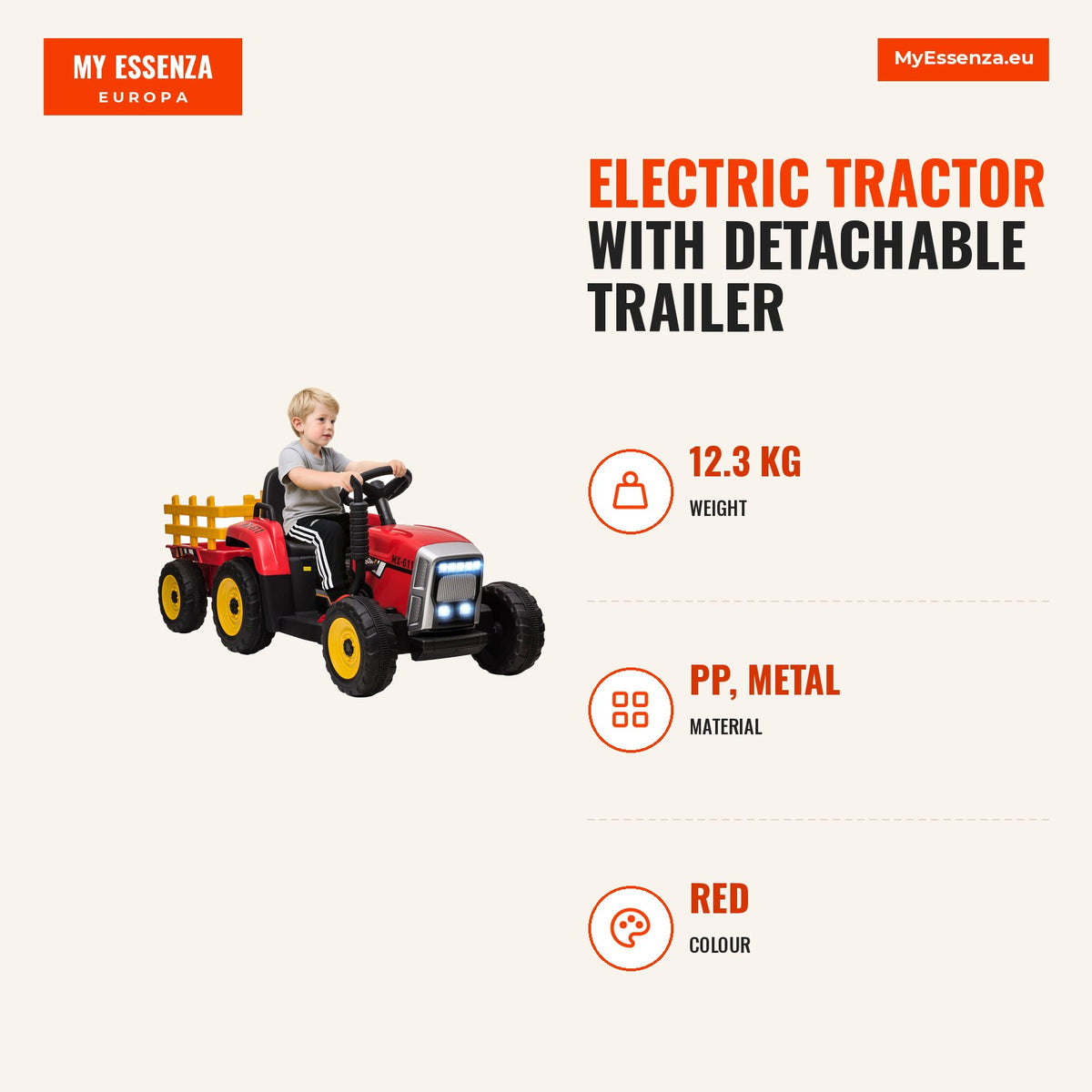 Trator Elétrico com Reboque Amovível Carro Elétrico para Crianças 3-6 Anos com Controlo Remoto Música MP3 Luzes e Cinto de Segurança 136,5x50x52,5 cm  — Infografia | Infographic — dimensions