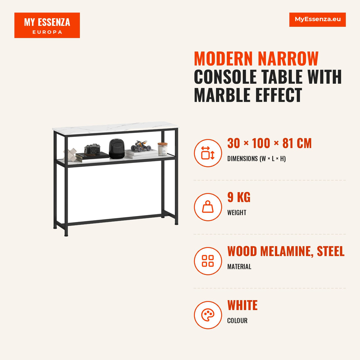 Mesa Consola Moderna Consola Estreita com Superfície com Efeito Mármore Prateleira Aberta e Estrutura de Metal Consola de Sofá para Entrada Sala de Es — Infografia | Infographic — dimensions