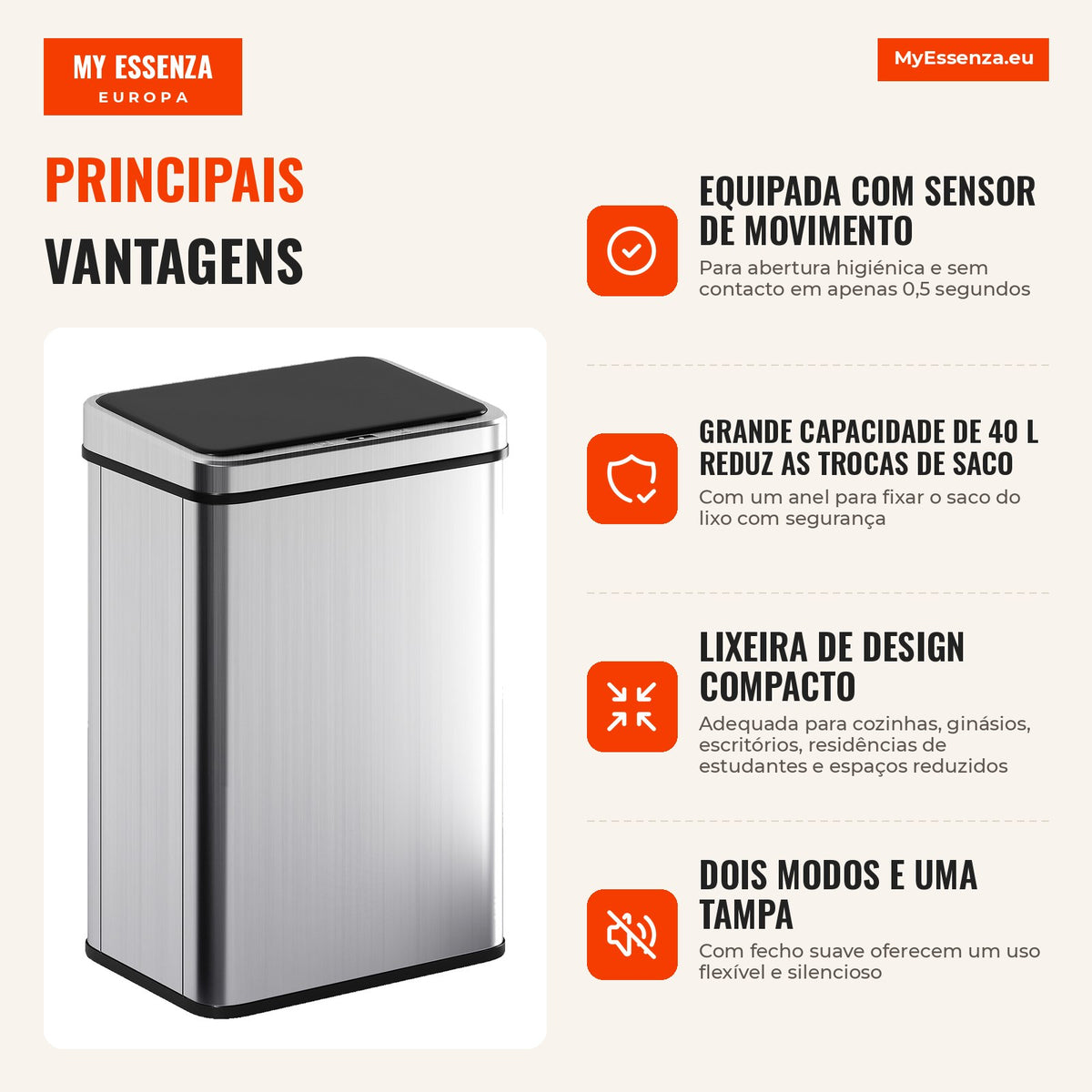 Lixeira com Sensor 40 L Aço InoxidávelLixeira Automática com Tampa de Fecho Suave Sensor de Movimento 35,5x26x55 cm Prata — infografia 1