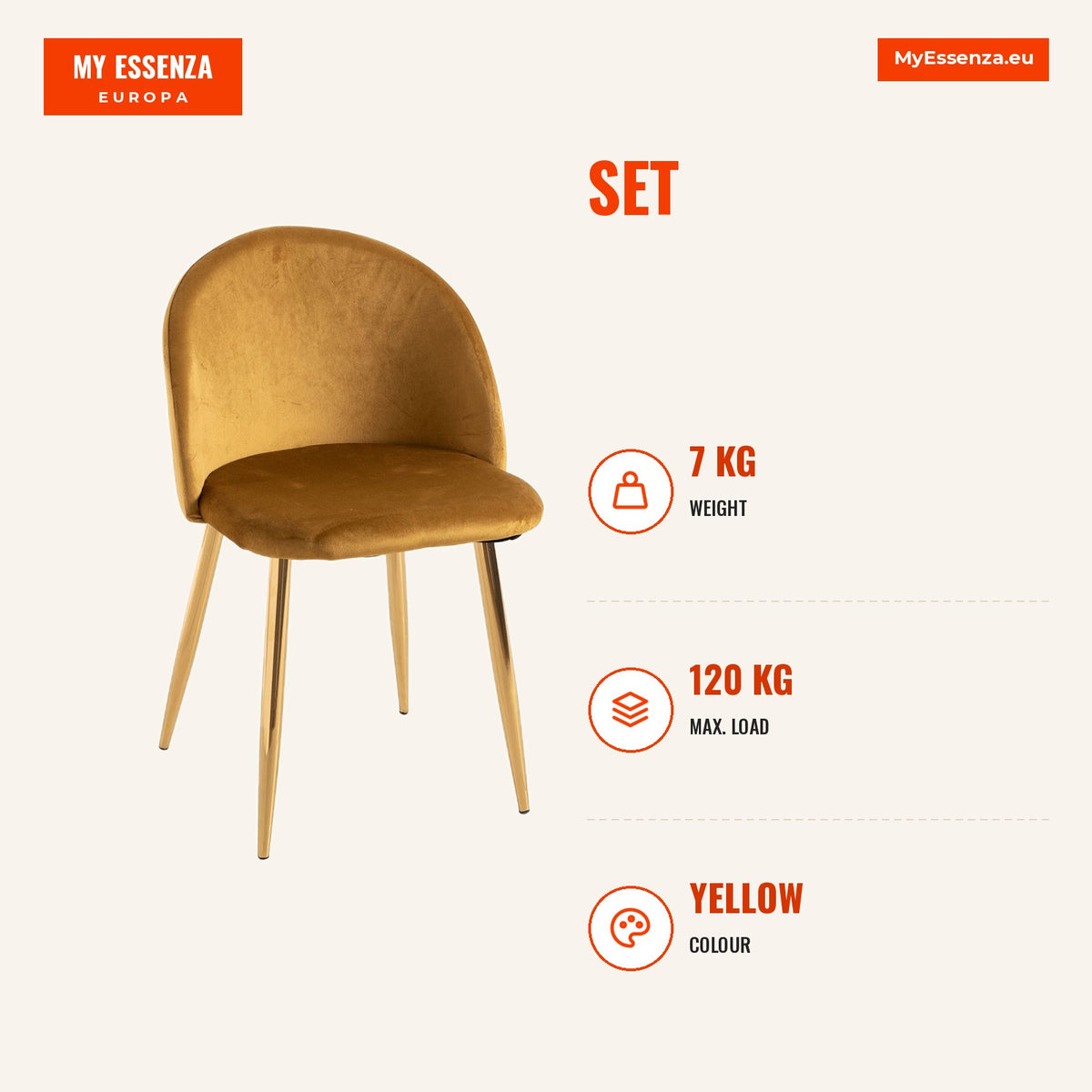 Pack 4 Cadeiras Hill Veludo Golden — Amarelo — Infografia | Infographic — dimensions