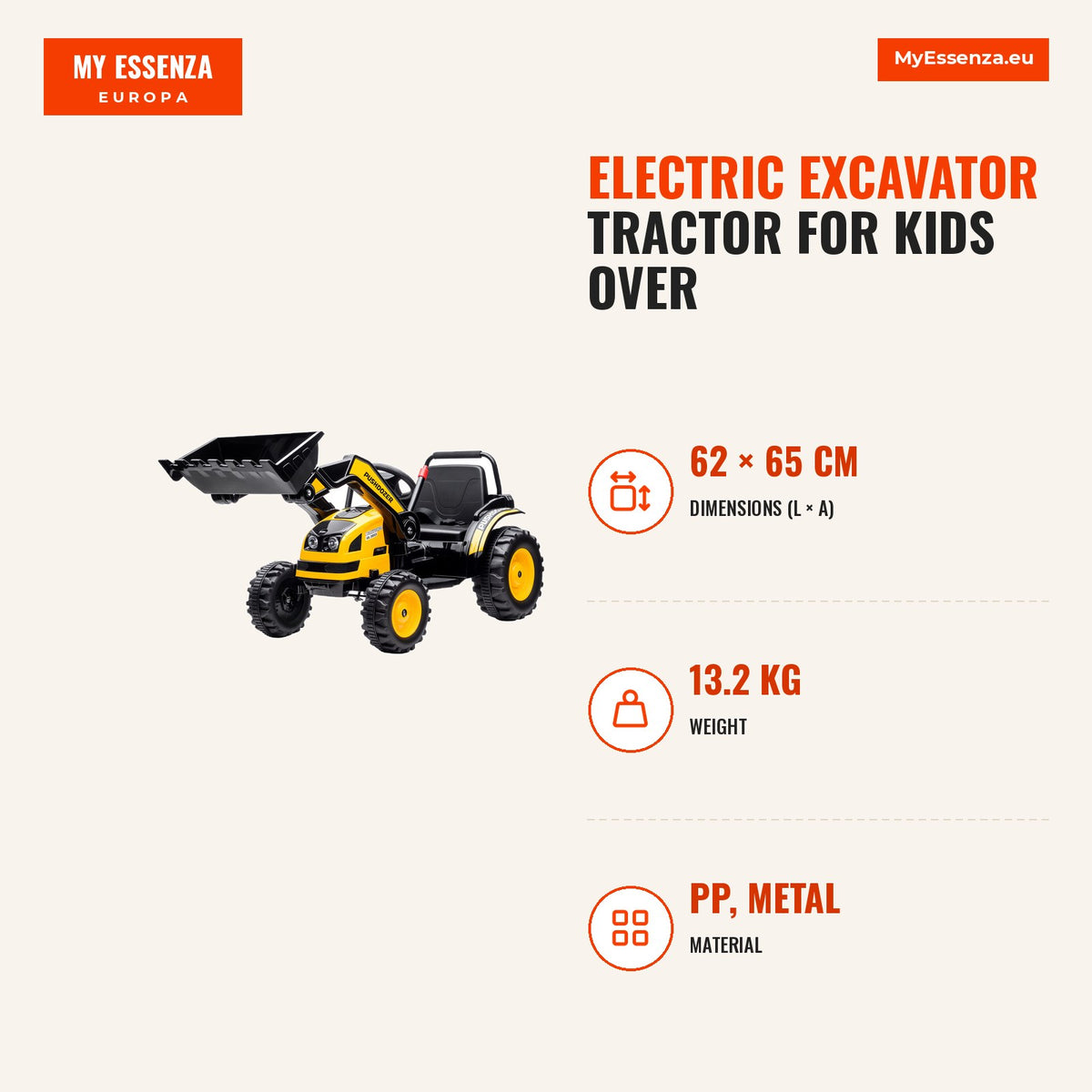 Trator Escavadora Elétrica para Crianças acima de 3 Anos Veículo Infantil com Pá Bateria 6V Música e Luzes 132x62x65 cm Preto e Amarelo — Infografia | Infographic — dimensions