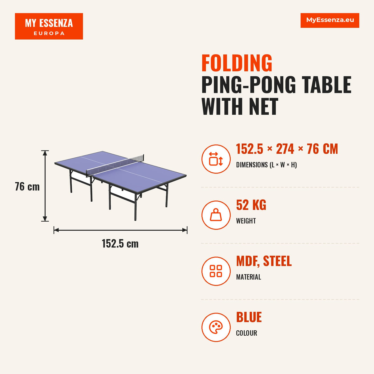 Mesa de Ping-Pong Dobrável com Rede 274x152,5x76 cm Ténis de Mesa Interior e Exterior Protegido Azul — Infografia | Infographic — dimensions